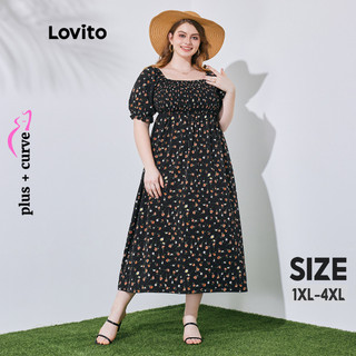 Đầm maxi Lovito dáng chữ A tay ngắn cổ vuông họa tiết hoa boho plus size cho nữ LPS08074 (màu đen)