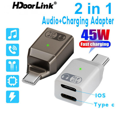 Hdoorlink Bộ chuyển đổi âm thanh USB Type C 2 trong 1 PD 45W Bộ chuyển đổi sạc nhanh Bộ chuyển đổi tai nghe IOS