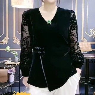  Mới Phong Cách Trung Hoa Nhung Vàng Top Người Trung Niên Người Cao Tuổi Dài Tay Đáy Áo Sơ Mi Ren Khóa Làm Trắng Mỏng Hơn Nhìn Bao Bụng Kích Thước Lớn Rời 