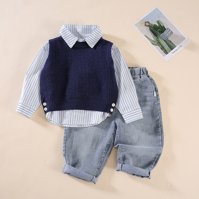  Xuân Thu Quần Áo Bé Trai Bé Dệt Kim Áo Sơ Mi Sọc Quần Jean 3 Cái   bộ Trẻ Em Mới Thời Trang Áo Sơ Mi Top Vest Phù Hợp Với 