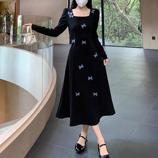 Váy liền dài tay nơ cổ vuông cổ điển kiểu Pháp cỡ lớn váy dài nghỉ trà tôn dáng gầy chít eo mùa thu cho nữ