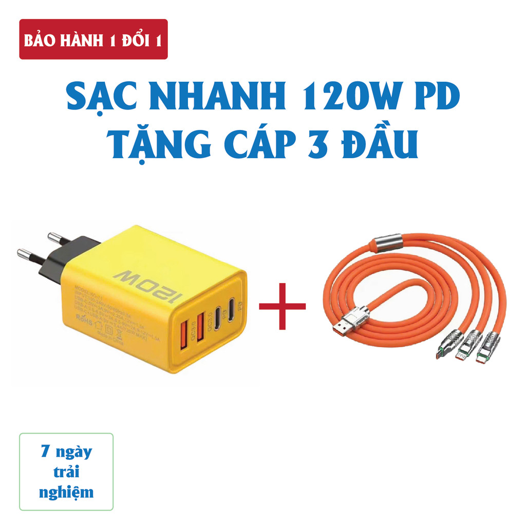 Củ sạc nhanh 4 cổng, 120W: 2 cổng Type C + 2 cổng USB – Tặng cáp sạc nhanh 3 đầu - Cốc sạc nhanh 120W, Phụ kiện .