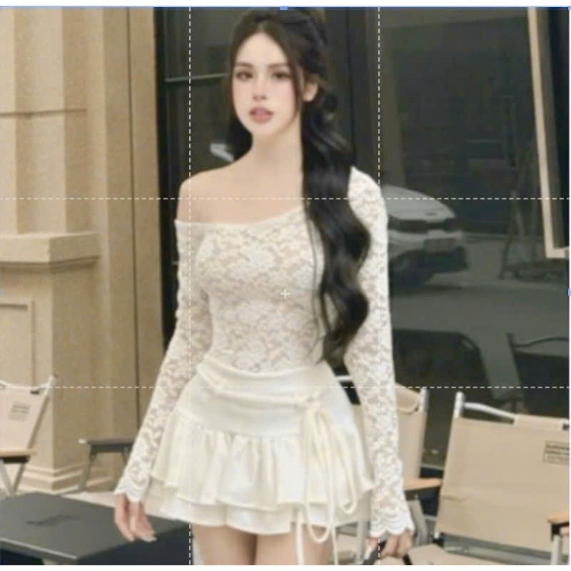 Set Váy Thiết Kế Ren Lệch Vai Chân Váy Xoè Tầng Tiểu Thư