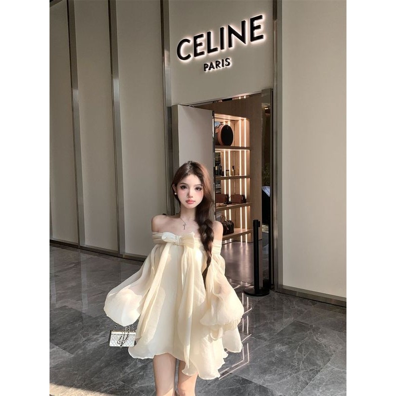 Xyzkuli Một Vai Nơ Dài Tay Ống Top Đầm Nữ Ngọt Ngào Nhẹ Nhàng Váy Ngắn Lo