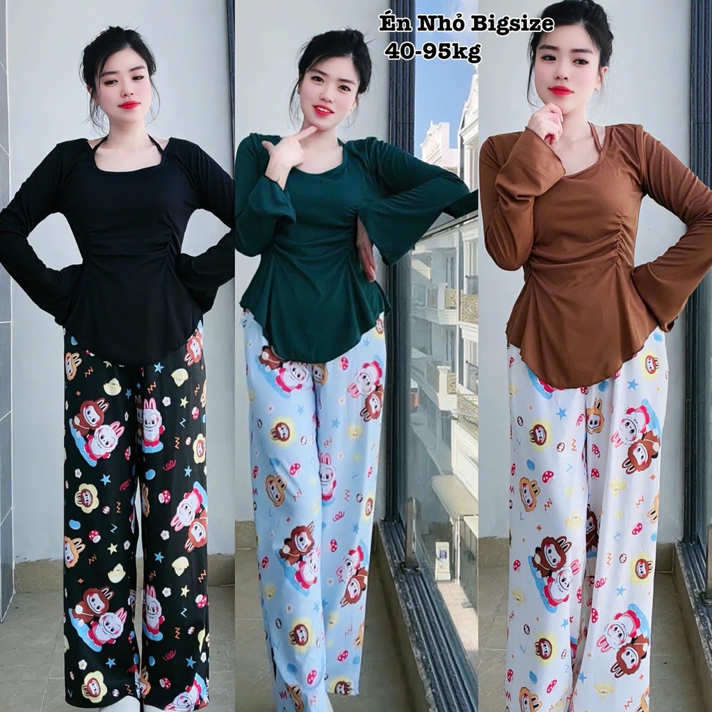 Set Bộ Dài Bigsize Nữ Áo Thun Tay Dài 2 Dây Vạc Bèo Phối Quần Dài in Hình Cute Mịn Mát Dễ Thương Cao