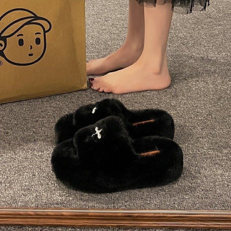  Dép xỏ ngón lông chéo nữ mặc ngoài 2024 Dép xỏ ngón đế dày Tất cả các trận đấu Dép Cotton xuyên thấu Dép lông thú nữ Mặc ngoài 2024 Dép xỏ ngón đế dày Tất cả 