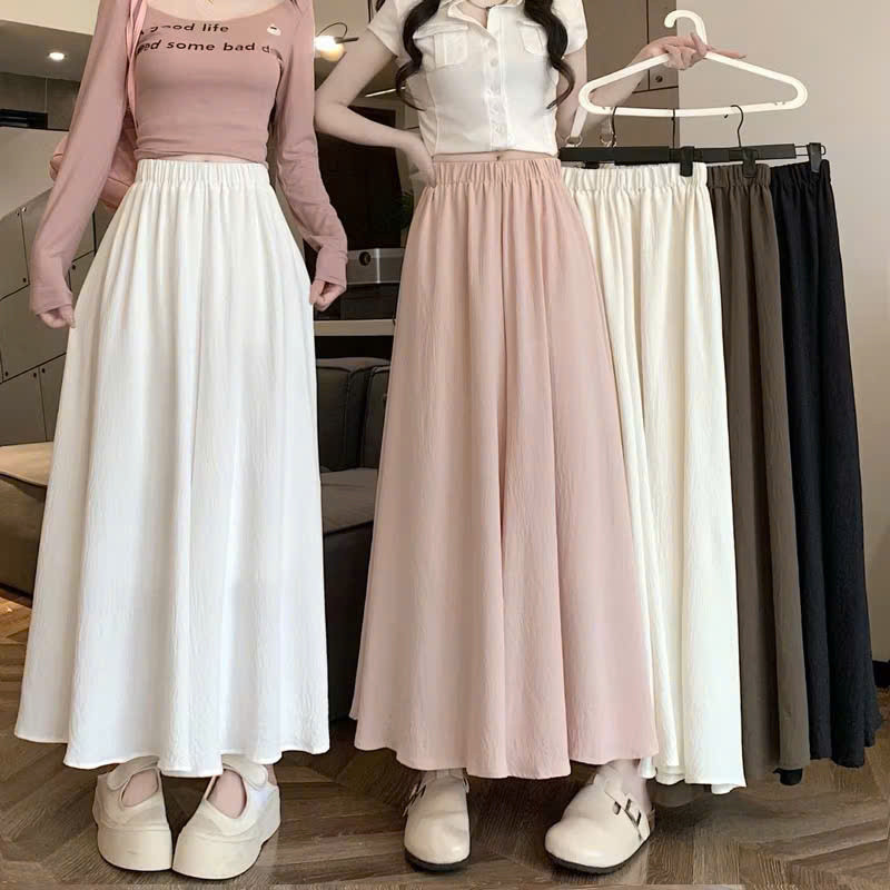 Quần ống rộng dài bigsize nữ chất đũi vân mây một lớp, Quần váy lửng cạp cao lưng chun tiện lợi mát mẻ che khuyết điểm | BigBuy360 - bigbuy360.vn