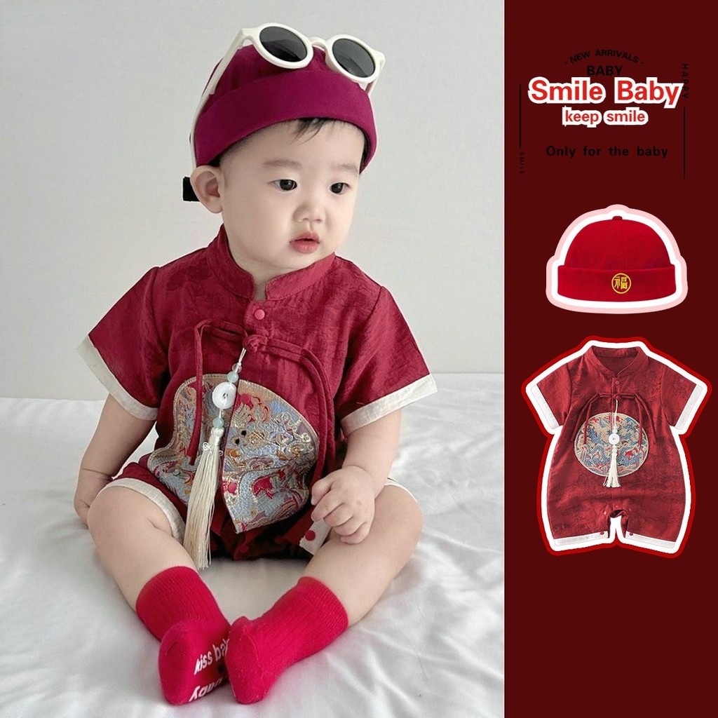 Mùa Hè Mới Quần Áo Cho Bé Trai Và Bé Gái Ngắn Tay Dây Một Mảnh Mặt Dây Chuyền 0-24 Tháng Bé Mỏng Trung Quốc Thêu Romper