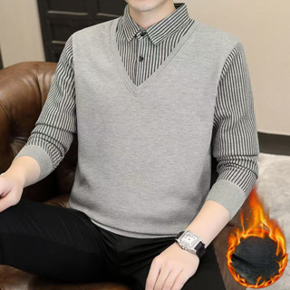 Áo len trung niên cổ hai mảnh giả dày dặn mùa thu đông dành cho nam Áo len cổ áo ấm áp giữ nhiệt Áo sơ mi trung niên