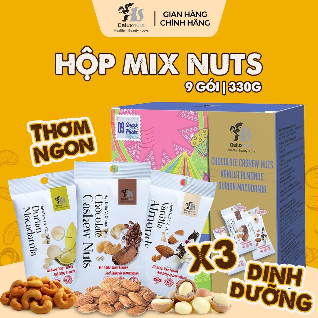 [Hỏa tốc] Hộp 9 Gói Mix Nuts Deluxnuts | Hạt Điều Socola, Hạnh Nhân Vanilla, Macca Sầu Riêng (Tổng trọng lượng 330g)