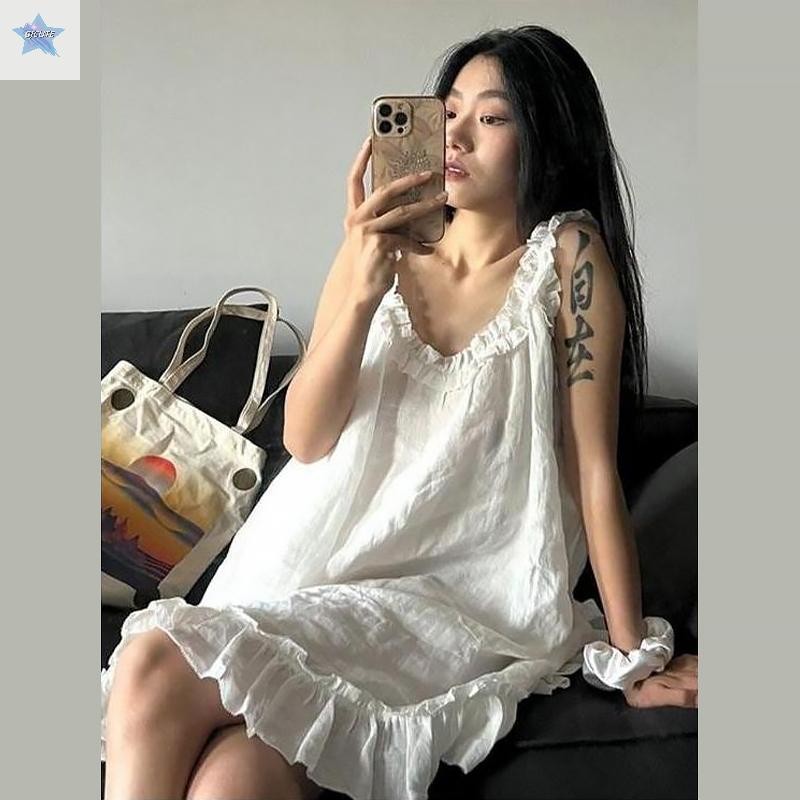 Gjcute Bộ Đồ Ngủ Trắng Ngọt Ngào Không Tay Mini Đầm Thường Ngày Ruffles Váy Ngủ VN