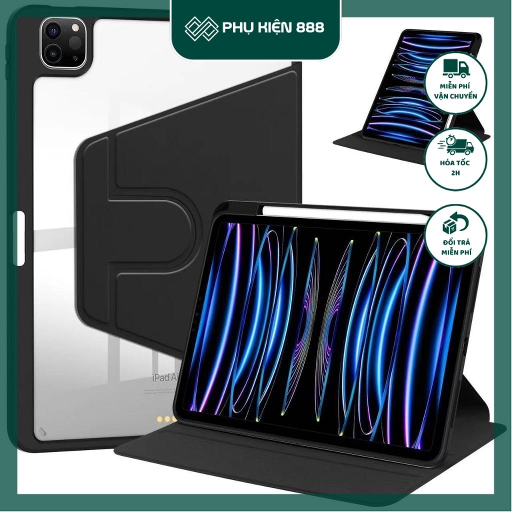 Bao da iPad Pro 11 2018/2020/2022/2024, Air 6/4/5 11inch ( màu đen) viền dẻo, xoay 360 ,có khay để b