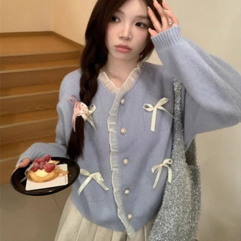 TURETREE  Áo Len Cardigan  Ren Nữ Áo Khoác Dệt Kim Ngắn Nơ Dáng Rộng Thời Trang Mới Fashion | BigBuy360 - bigbuy360.vn