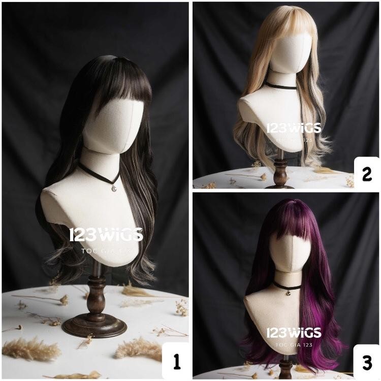 123WIGS - Tóc giả nguyên đầu dài xoăn lơi nhẹ - Mái thưa - Màu có highlight S1050