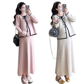 Sét suông đầm bầu MAMADRESS kèm áo cadigan tiện lợi thiết kế LEN TĂM THỎ mềm mại sang chảnh xinh xắn tiểu thư S42