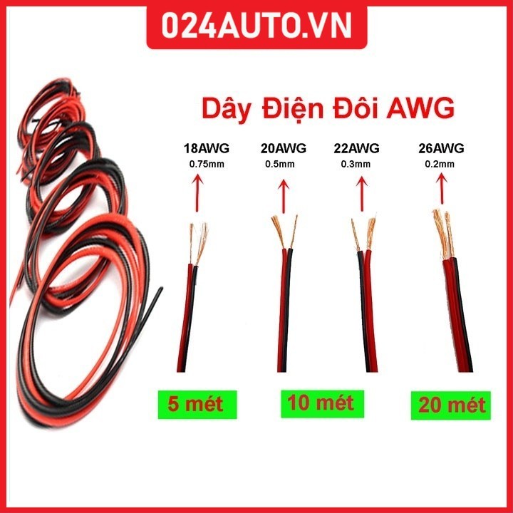 Dây điện đôi đen đỏ 18AWG đến 26AWG đường kính lõi 0.2mm, 0.3mm, 0.5mm, 0.75mm