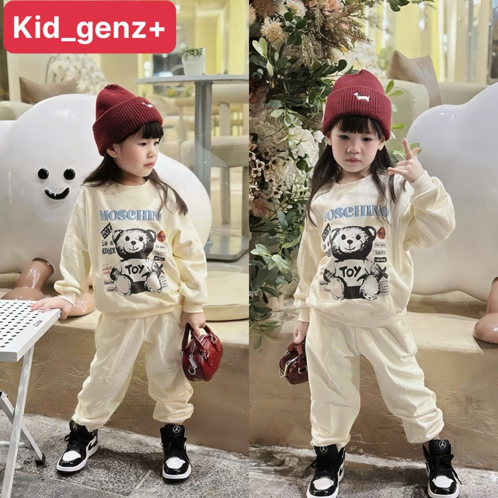 Bộ áo nỉ cổ tròn moschino gấu xanh cho bé , set áo sweater trẻ em unisex , Kid_genz