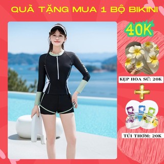  Bộ đồ bơi kín đáo quần đùi áo dài tay phối viền thể thao bikini 2 mảnh cho nữ đi biển SET THỂ THAO DÀI TAY ĐEN XANH BK3 