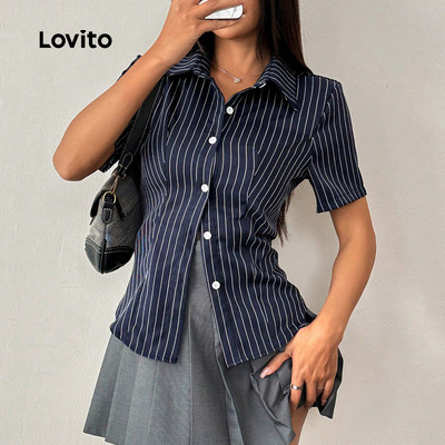 (Phong cách thường ngày) Lovito Áo sơ mi tròn phía trước sọc dành cho nữ LBL23387