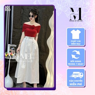 Set đồ nữ áo trễ vai tay cộc đính hoa ngực kèm chân váy trắng dáng dài hot trend Meistore ST14145
