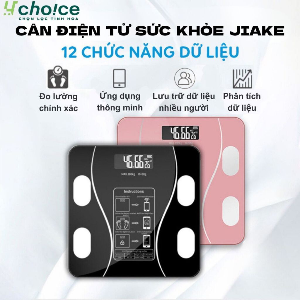 Cân điện tử sức khỏe JIAKE đo lường chính xác, phân tích 12 dữ liệu và lưu trữ qua ứng dụng, pin 1 lần dùng cả tháng