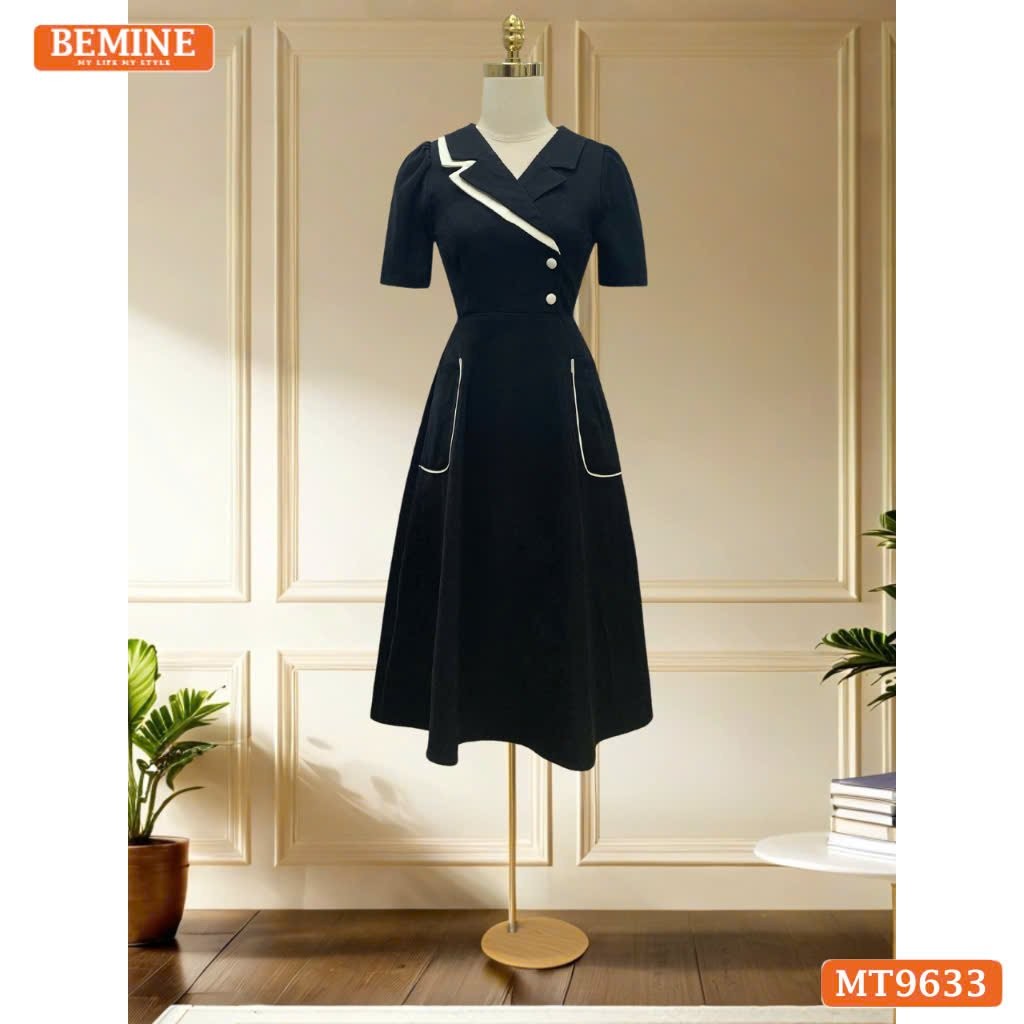 Đầm thiết kế BEMINE cổ vest dáng chữ A vạt chéo có túi phù hợp đi làm-MT9633