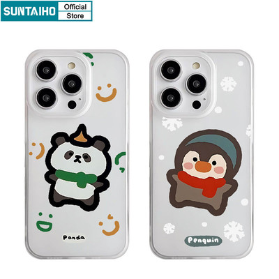 Suntaiho Ngộ nghĩnh Gấu Trúc Dễ Thương Họa Tiết Chim Cánh Cụt Trong Suốt Cho Iphone 16 15 14 12 13 11 Pro Max IP 7 8 Plus Iphon X Xs XR Xs Max TPU Silicon Mềm Cao Cấp Chống Sốc Ốp điện thoại