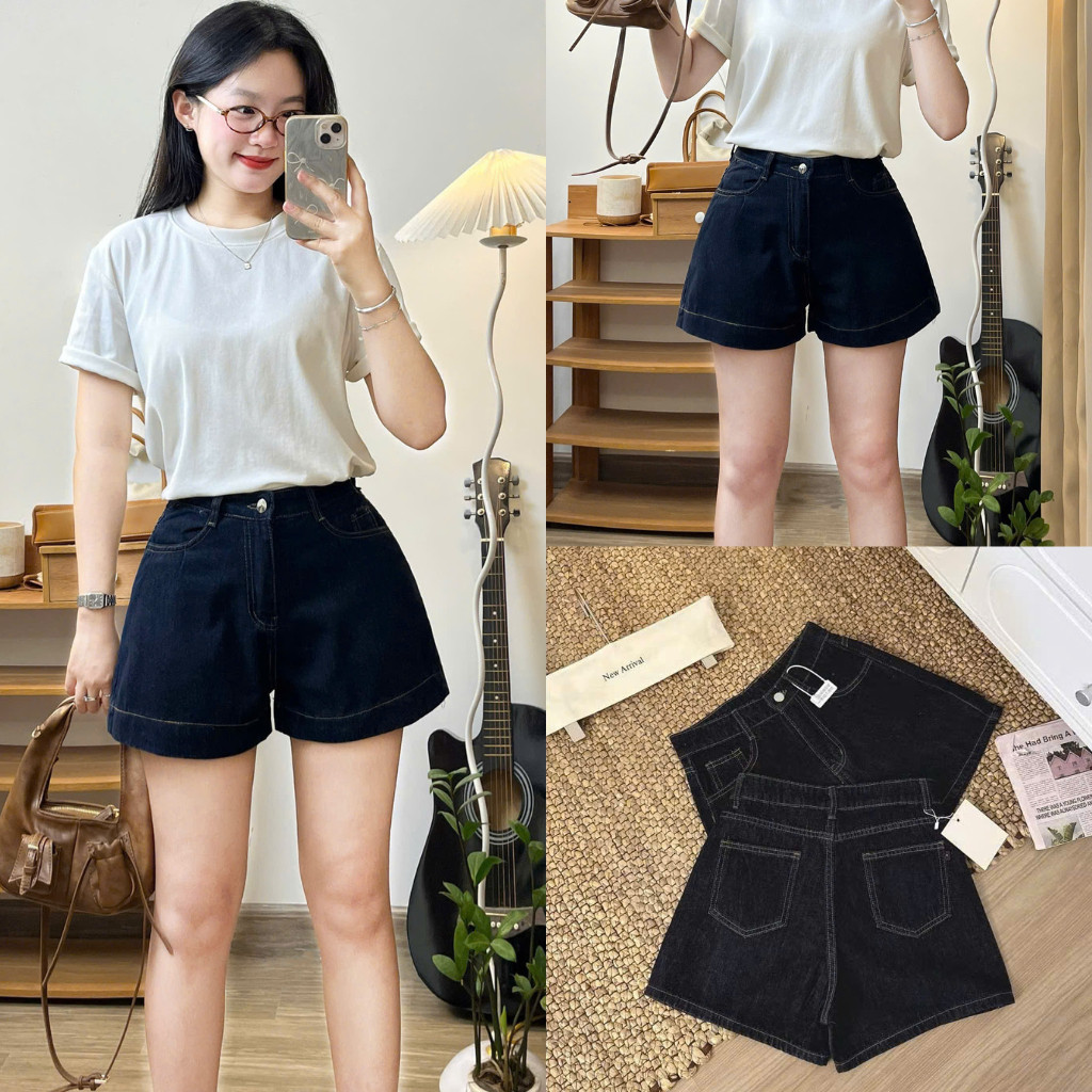  Quần Short Jeans Chỉ Nổi Màu Xanh Than Basic Cá Tính Uniz 