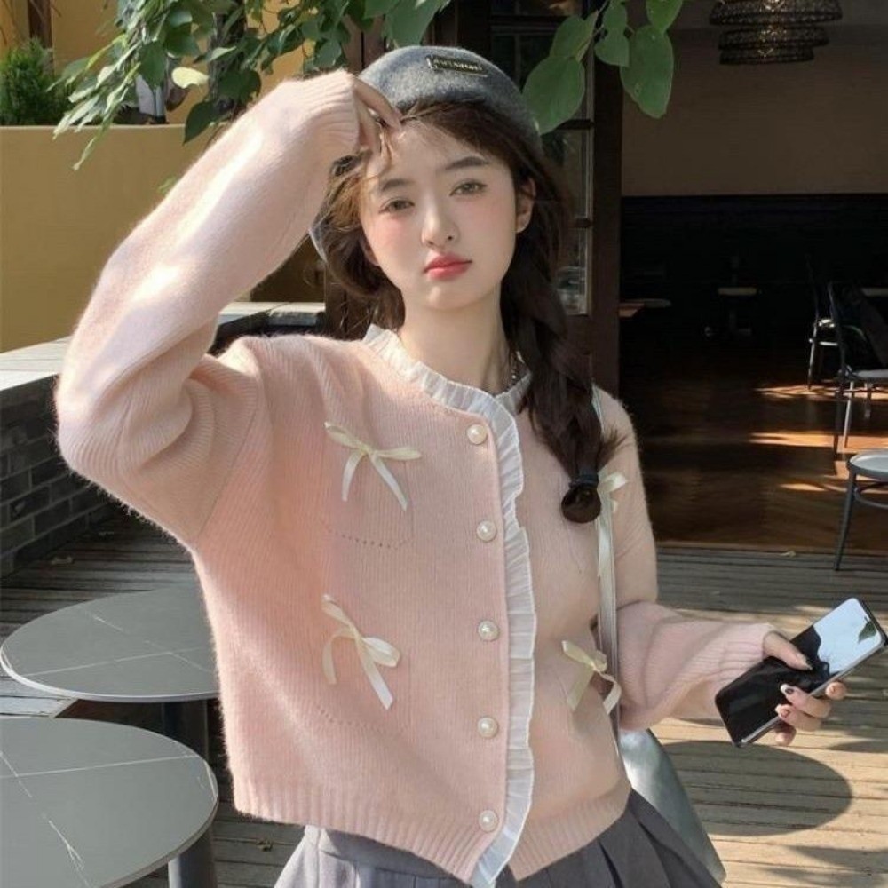 TURETREE  Áo Len Cardigan  Ren Nữ Áo Khoác Dệt Kim Ngắn Nơ Dáng Rộng Thời Trang Mới Fashion | BigBuy360 - bigbuy360.vn