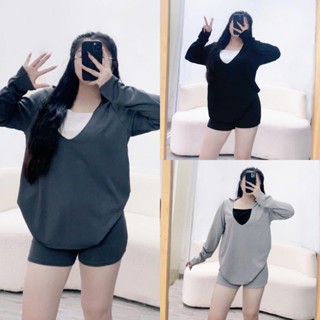 Set Bộ Đồ Bigsize Nữ Áo Sweater Tay Dài Cổ Bẻ Phối Kèm Quần Short Đùi Lưng Cao Cá Tính Chất Ruby  SET851