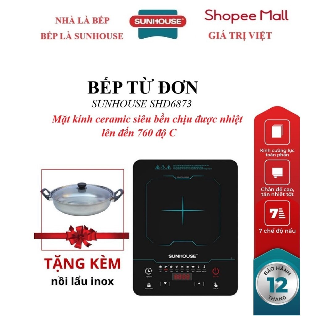BẾP TỪ ĐƠN SUNHOUSE SHD6873_Tặng Kèm Nồi Lẩu Inox