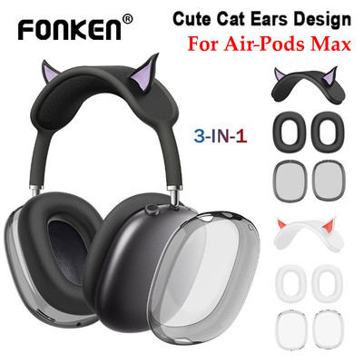 Fonken Tai Mèo 3 Trong 1 Silicon Trong Suốt TPU Ốp Lưng Miếng Lót Tai Cho AirPods Max