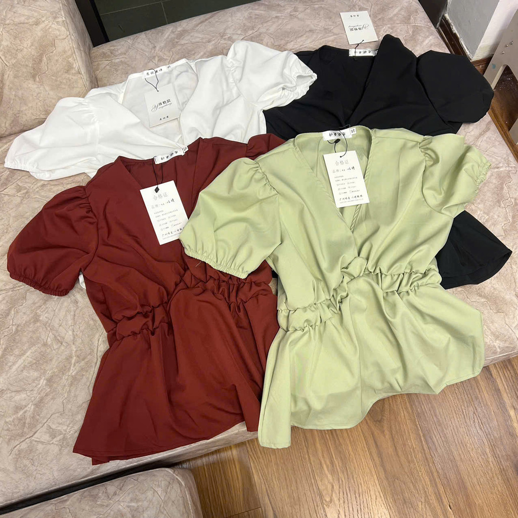 MS086 Áo sơ mi nữ kiểu babydoll bo chun thân cộc tay dễ thương chất thô mềm mát thấm hút mồ hôi | BigBuy360 - bigbuy360.vn