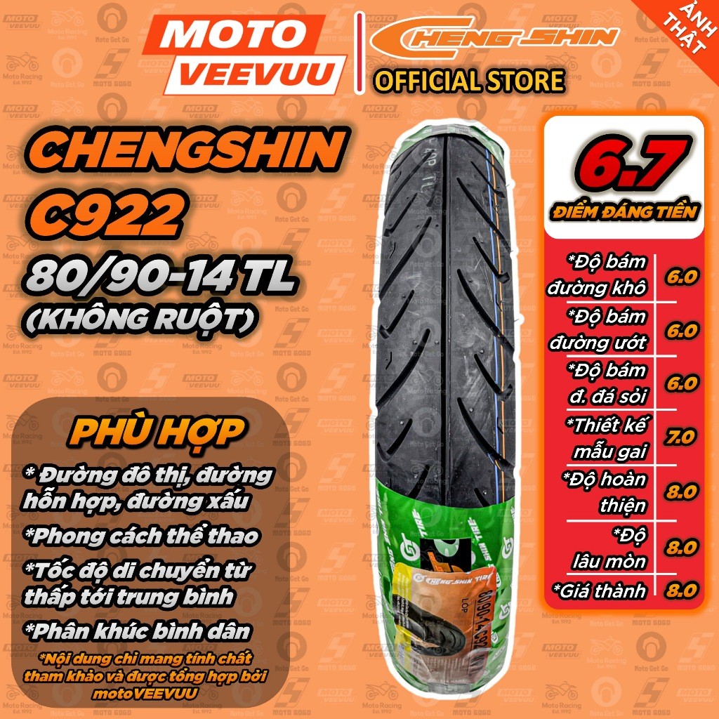 [MTVV] Vỏ lốp xe máy CHENGSHIN C 922 80/90-14 TL<END>