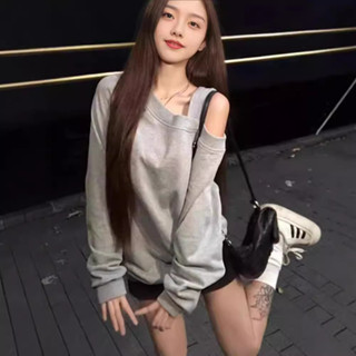 【Forya Hàn Quốc áo hoodie nữ Bigsize trơn áo lệch vai tay dài Màu xám trễ vai tay dài