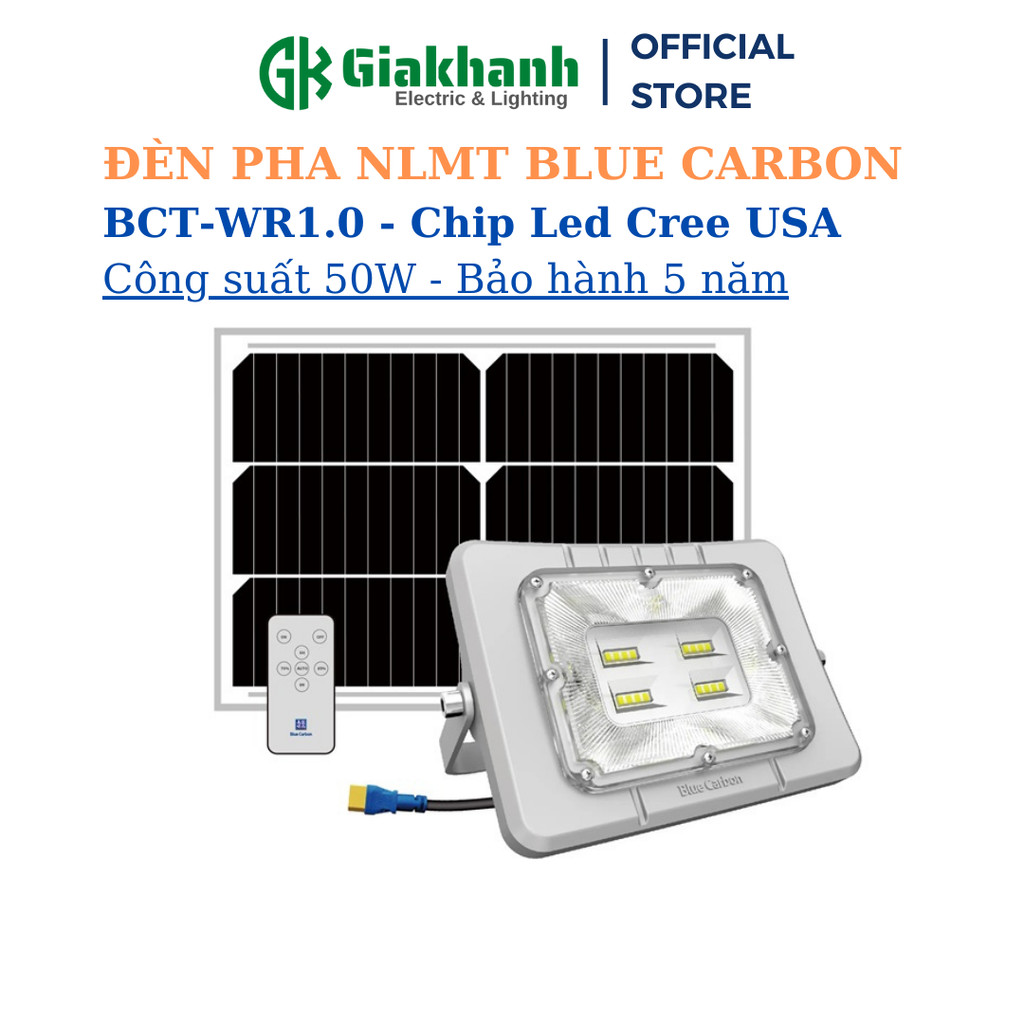 Đèn Pha Năng Lượng Mặt Trời Blue Carbon 50W Blue Carbon BCT-WR1.0 - Chip LED Cree USA - Tấm Pin MONO