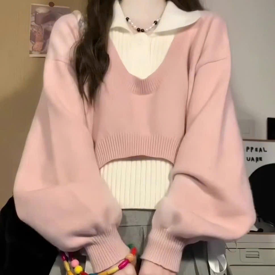 Áo len thu đông set 2 món thiết kế cổ sơ mi phối tay bồng hottrend HMH SP242 | BigBuy360 - bigbuy360.vn