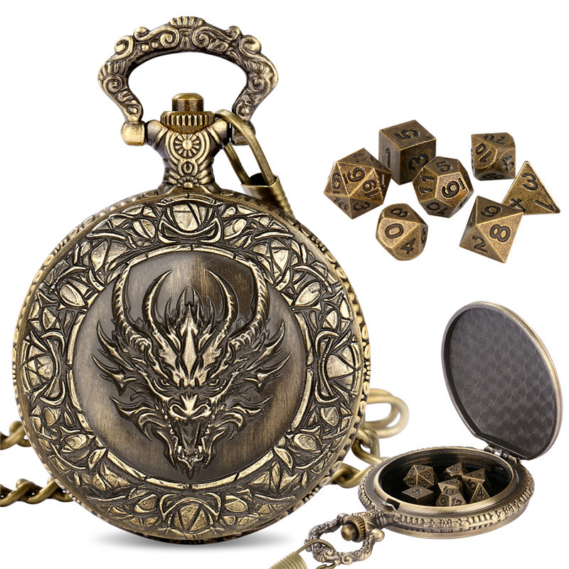 7pcs/set Tiny Metal Polyhedral Dice Dragon Head Pocket Watch Empty Case for DND Role Play Gaming Acc