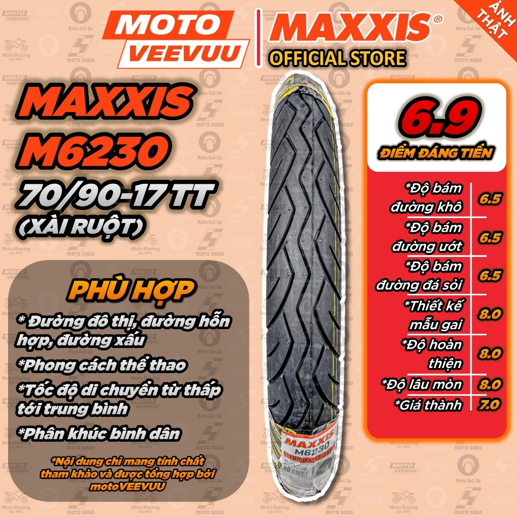[MTVV] Vỏ lốp xe máy MAXXIS M 6230 Gai zin Sirius 70/90-17 TT 70 90 17 (Lốp xài ruột)<END>