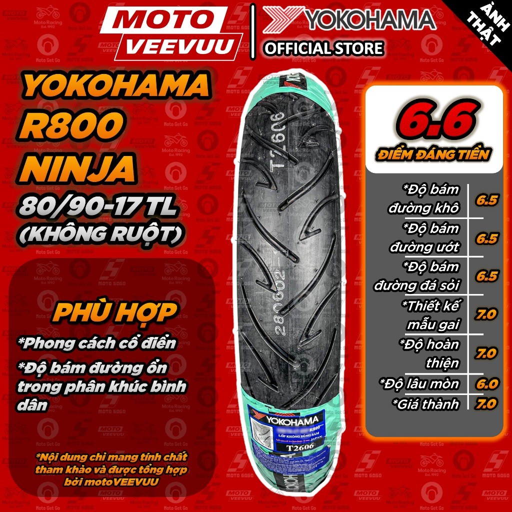 [MTVV] Vỏ lốp xe máy YOKOHAMA 80/90-17 TL R800 Ninja<END>