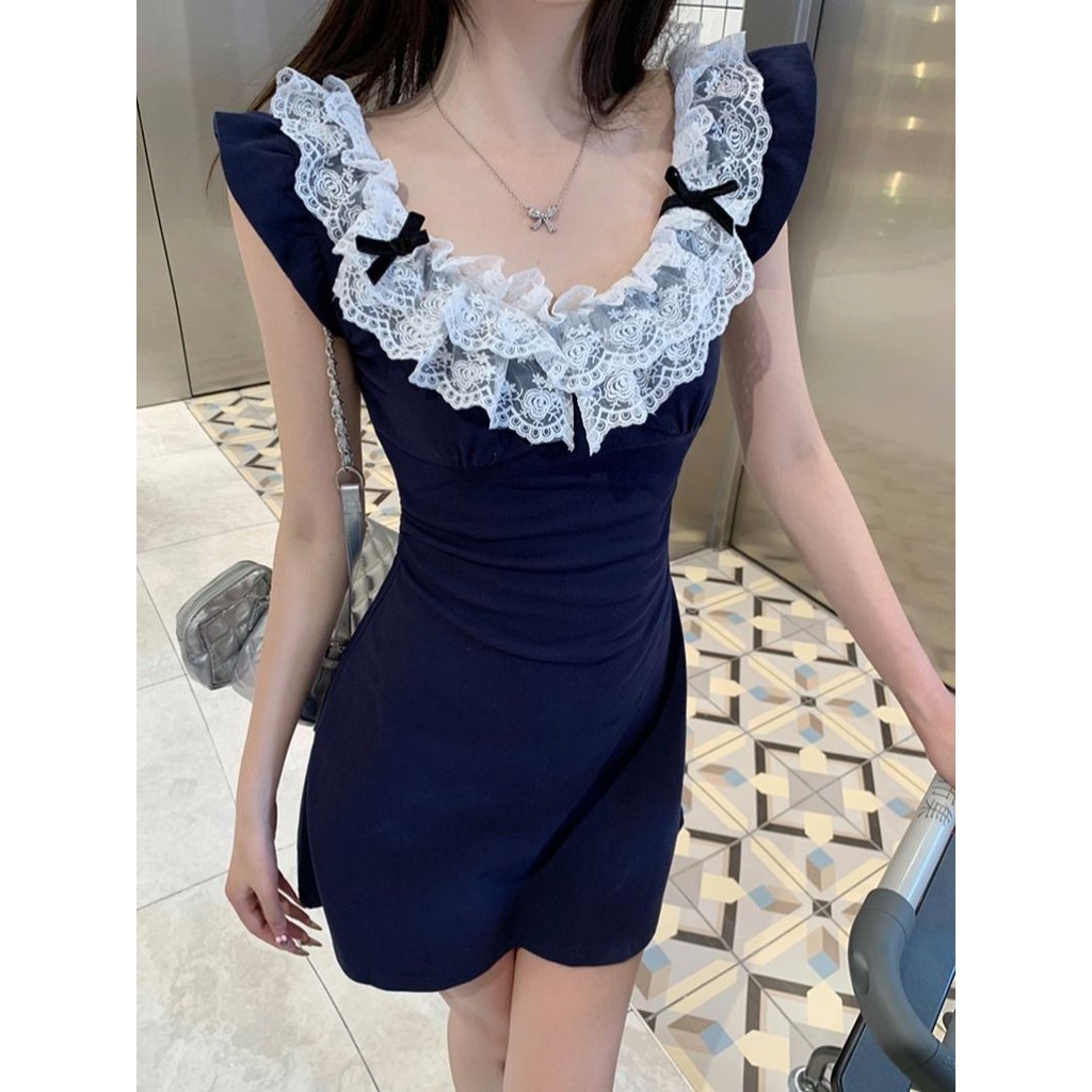 (Khâu ren) Đầm bó gợi cảm màu trơn nơ dự tiệc váy chữ A dễ thươngVáy lệch vai cổ chữ U cóviền cổ bèo | BigBuy360 - bigbuy360.vn