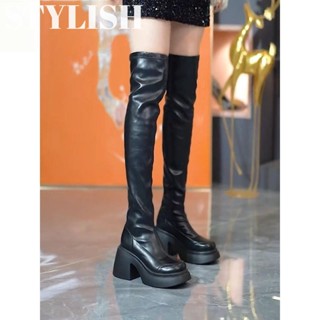 Giày bốt cao gót đế dày đầu tròn bốt co giãn nữ bốt đầu gối đa năng mới