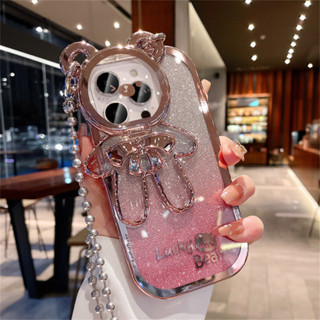 Có Dây Lấp Lánh Gấu Lật Ống Kính Ốp Lưng Điện Thoại IPhone 16 Pro Max 11 12 13 14 15 Pro Max 16 Plus Vỏ Tpu Mềm Mạ Gradient