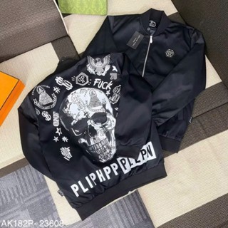 [CÓ SẴN] Áo Khoác Bomber Gió Phắ.c QP Philip Đầu Lâu Kéo Khóa / Áo Dù 2 Lớp Logo Sắt QP Dáng Rộng Nam Nữ Unisex