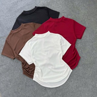 Áo Thun Cổ Lọ Bigsize Nữ Vải Tăm Tay Ngắn Nhún Eo Cá Tính Vạt Bầu Che Bụng Thanh Lịch G259