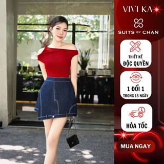 Áo kiểu nữ trễ vai phối dây xoắn, Quần váy denim tà gập viền chỉ nổi - VIVIKA VKAO00542 VKQV00421 Nữ