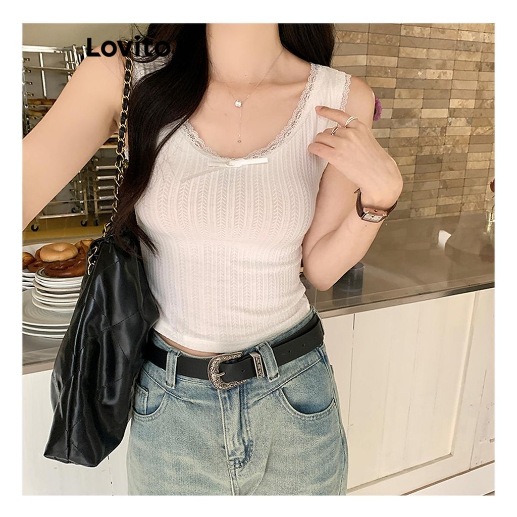 Áo dây Lovito nơ trước phối ren màu trơn thường ngày cho nữ LNE55235 | BigBuy360 - bigbuy360.vn