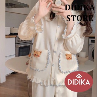 DIDIKA Mùa Xuân Thu Nữ Ngọt Ngào Dễ Thương Cổ Búp Bê Dài Tay Bộ Đồ Ngủ Loungewear
