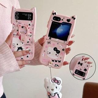 Ốp lưng da Sanrio Hello Kitty Bow Litchi có mặt dây chuyền sang trọng Samsung Galaxy Z Flip 7 Flip 6 Flip 5 Flip 4 / 3 Tai mèo Vỏ nhẫn Vỏ silicon TPU mềm Flip6 Flip5