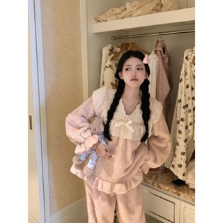  Bộ Đồ Ngủ Sẵn Sàng Lông Cừu San Hô Plus Nhung Dày Nữ Thu Đông Phong Cách 2024 Phong Cách Mới Nơ Ngọt Ngào Ký Túc Xá Nhà 